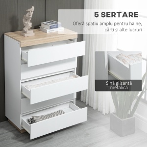 Comodă cu 5 Sertare din Lemn, Comodă pentru Dormitor cu Dispozitiv Anti-Răsturnare, 80x40x109 cm, Alb - Img 4