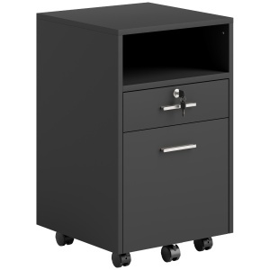 Comodă de Birou cu 2 Sertare și Raft Deschis, Mobilier cu 5 Rotile, Încuietoare și 2 Chei, 39x40x65 cm, Negru