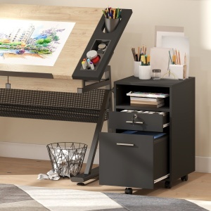 Comodă de Birou cu 2 Sertare și Raft Deschis, Mobilier cu 5 Rotile, Încuietoare și 2 Chei, 39x40x65 cm, Negru - Img 8