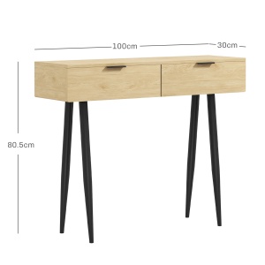 Consolă de Intrare cu 2 Sertare, Masă Consolă din Lemn cu Picioare din Oțel, 100x30x80,5 cm, Lemn Natural - Img 3
