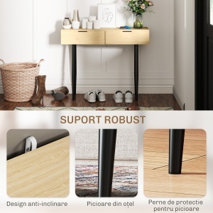 Consolă de Intrare cu 2 Sertare, Masă Consolă din Lemn cu Picioare din Oțel, 100x30x80,5 cm, Lemn Natural - Img 6