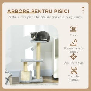 Copac pentru Pisici cu 3 Nivele cu Covor pentru Zgâriat în Formă de Arc, Copac de Zgâriat, 40x35x72 cm, Gri - Img 4
