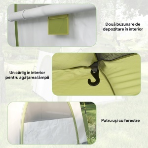Cort pentru Camping cu 2 Locuri, Cort cu Ușă, 3 Ferestre cu Plasă și Geantă pentru Transport, 240x240x199 cm, Verde - Img 8