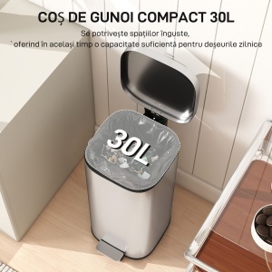 Coș de Gunoi 30L cu Închidere Silențioasă și Recipient Removabil, Coș cu Pedală, pentru Bucătărie, Living, Birou și Cameră de Studiu, 29x36x59.5 cm, Argintiu - Img 4