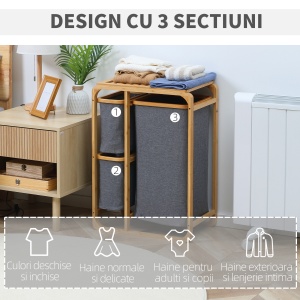 Cos de rufe din bambus , cos de rufe cu 3 pungi glisante din material textil si raft deschis, cos de spalat cu 3 sectiuni, economiseste spatiu, natural - Img 6