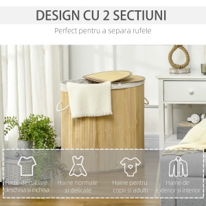 Cos de rufe din bambus cu capac, 100 litri cu 2 sectiuni, captuseala detasabila lavabila, 62,5 x 37 x 60,5 cm, natural - Img 6