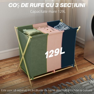 Coș de Rufe Pliabil cu 3 Compartimente, din Bambus și Material cu Efect de In, 75x48x67 cm, Multicolor - Img 4