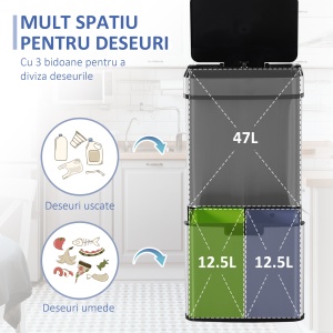 Cos Gunoi Inteligent 72 L – Inox, 3 Compartimente & Senzor - Img 6
