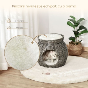 Cos pentru Pisici din rattan PE cu 2 Niveluri cu Perne de Plus Lavabile, Φ50x43.5cm - Gri Inchis - Img 6