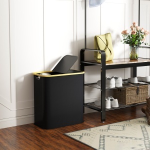 Coș pentru Rufe de 80L cu 2 Secțiuni și Capac din Material Textil și Bambus, 54x34x58,5 cm, Negru - Img 8