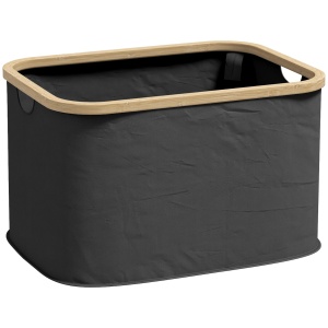 Coș Pliabil pentru Rufe de 36L cu Mânere, Coș pentru Rufe din Bambus și Poliester, 44,3x33,3x26,5 cm, Negru - Img 1