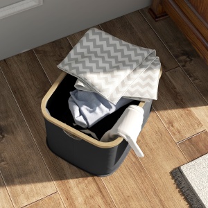 Coș Pliabil pentru Rufe de 36L cu Mânere, Coș pentru Rufe din Bambus și Poliester, 44,3x33,3x26,5 cm, Negru - Img 6