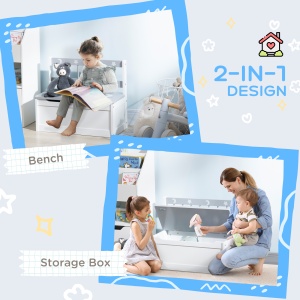 Cufar de jucarii moderna 2 in 1, scaun pentru copii, MDF si lemn de pin, 60x30x50 cm, alb si gri - Img 4