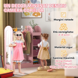 Cuier Copii – Cu Rafturi, Cuti & Oglinda, 92×36×106 cm Roz - Img 6