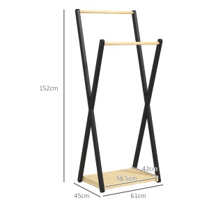 Cuier de Podea din Lemn cu 2 Bare, Suport pentru Haine Autoportant Modern cu Raft Inferior, 61x45x152 cm, Natural - Img 3