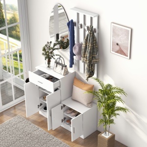 Cuier Hol Lemn Alb – 100×32×187 cm cu Dulap & Rafturi - Img 8