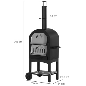 Cuptor Portabil cu Cărbune pentru Pizza și Barbecue, Cuptor cu Lemne, Coș de Fum și Raft Inferior, 63x54x161 cm, Negru - Img 3