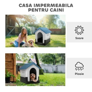 Cușcă pentru Câini de Exterior din Plastic, Căsuță pentru Câini Mici cu Ferestre, Acoperiș Înclinat și Bază Ridicată, 64,5 x 57 x 66 cm, Albastru - Img 6