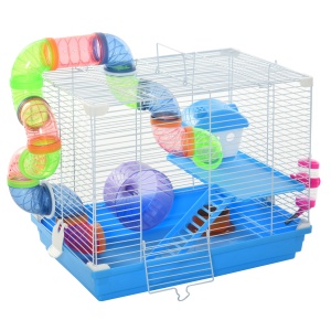 Cușcă pentru Hamster cu 2 Niveluri, Rezervor de Apă, Tavă Detașabilă, Tunel și Roată, 46x30x37cm, Albastru - Img 1
