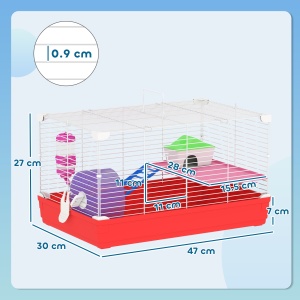 Cusca pentru Hamsteri cu 2 Nivele din Metal si PP cu Casuta, Rezervor de apa, Roti si Farfurioare, 47x30x27 cm, Rosu si Alb - Img 3