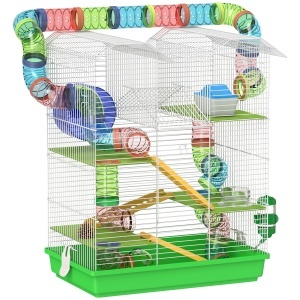 Cușcă pentru Hamsteri cu 5 Niveluri, Tuburi Colorate, Roată, Căsuță și Accesorii, 47x30x59 cm, Verde - Img 1