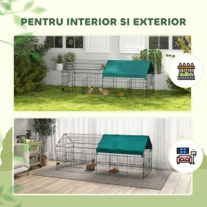 Cușcă pentru Iepuri și Găini de Exterior și Interior cu Protecție Solară și Grilaj Metalic, Coteț Recint pentru Animale Mici, Găini, 185x75x75 cm, Verde - Img 5