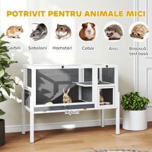 Cușcă pentru Iepuri și Hamsteri de Interior Ridicată cu Tavă Detașabilă și Acoperiș Deschizător, Gri - Img 8