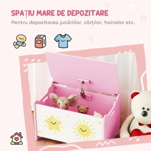 Cutie pentru Jucării cu Capac, Balama de Siguranță și Mânere Groove, Organizator pentru Depozitarea Jucăriilor pentru Copii, Camera de Zi, Sala de Joacă, Roz - Img 4