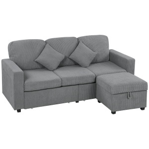 Divan 3 Locuri cu Pouf de Depozitare din Velur cu Nervuri 196x139x85 cm, Gri deschis