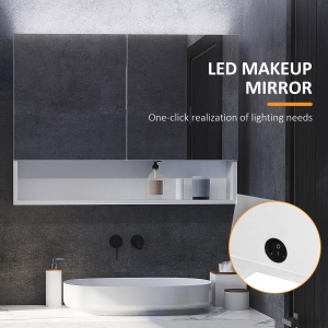 Dulap cu oglinda de perete cu lumini LED, raft deschis si raft intern reglabil, sticla si MDF, 80x15x60cm - Img 7