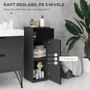 Dulap de baie din PAL cu sertar și dulap pe 2 nivele reglabile, 30x30x82 cm, de culoare negru și gri închis - Img 5