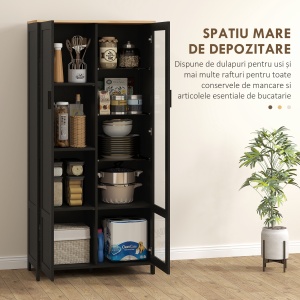Dulap de Bucătărie cu 9 Rafturi Reglabile, cu Uși de Sticlă și Bază Înălțată din Lemn, 76x36x160 cm, Negru - Img 4