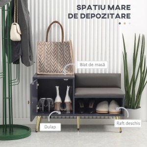 Dulap de pantofi de intrare cu scaun captusit, raft deschis si dulap, pentru 4 perechi de pantofi, lemn si metal, 80x33x49cm, gri - Img 4