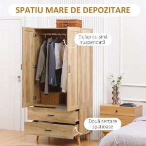 Dulap Dormitor 2 Uși cu 2 Sertare și Bară pentru Umerașe 80x54x180 cm Lemn - Img 4