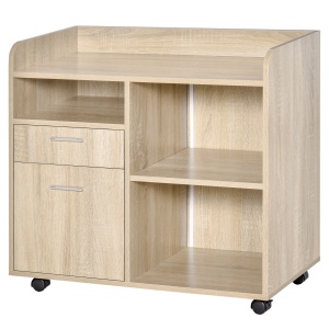 Dulap Imprimantă Birou Multifuncțional 80x40x72 cm, Dulap Joasă cu Sertare, Rafturi, 4 Roți, Culoare Stejar - Img 9