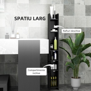Dulap Înalt de Baie cu Rafturi și Dulapuri, Mobilier Baie Înalt Spațiu de Depozitare, din Lemn, 15x17x120 cm, Negru - Img 4