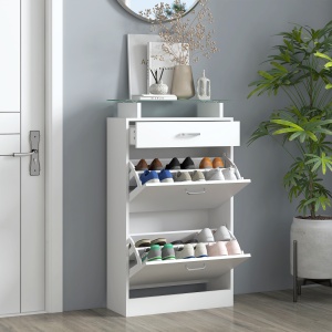 Dulap pentru Pantofi cu 2 Uși pe 2 Niveluri, Sertar și Raft din Sticlă, Dulap pentru Pantofi, 60x24x105,5 cm, Alb - Img 4