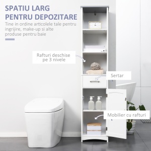 Dulapior de baie cu Raft cu 3 niveluri, din MDF Lacuit, 34x30x163cm, Alb si Gri - Img 4