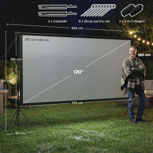 Ecran de Proiecție 120" 4K/8K HD Format 16:9 cu 2 Trepiede Pliabile, Ecran Portabil cu Față Dublă, Unghi de 160°, pentru Acasă sau Cinema în Aer Liber, Alb - Img 3