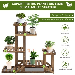 Etajera Suport Plante Asimetrica cu 6 Niveluri pentru Gradina si Casa, din Lemn, 95x28x96.5 cm - Img 4