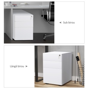 Fiset de Birou 3 Sertare si Incuietoare Serratura, Fiset pentru Birou cu Roti din Otel, 39x48x59cm, Alb - Img 5