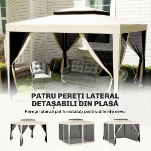 Foisor de Gradina cu Plasa de Tantari, Foisor 3x3 m cu Acoperis Dublu si Cadru din Metal, Bej - Img 7