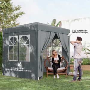 Foișor Pliabil 2x2 m Pop-Up cu 2 Uși, 2 Ferestre, 4 Pereți Detașabili, Foișor de Exterior cu Geantă de Transport din Oțel și Țesătură Oxford, pentru Grădină, Petreceri, Camping, Gri - Img 7