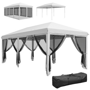 Foisor Pliabil cu 6 Perdele Plasa de Tantari, Foisor de Gradina cu Structura din Otel, 585x295x270cm, Alb Crem - Img 1