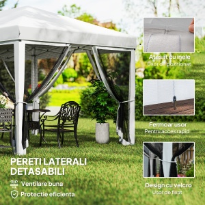 Foisor Pliabil cu 6 Perdele Plasa de Tantari, Foisor de Gradina cu Structura din Otel, 585x295x270cm, Alb Crem - Img 6
