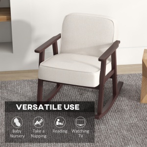 Fotoliu Balansoar pentru Interior din Material Efect In si Lemn cu Cotiere si Perne, 66x78x76 cm, Bej si Maro - Img 4