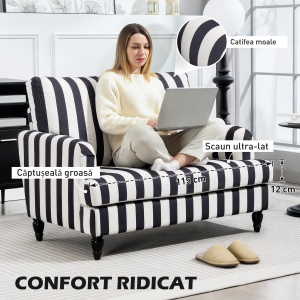 Fotoliu de Living cu Șezut Larg și Cotiere Lungi, Fotoliu din Catifea cu Dungi și Umplutură Groasă, 115x82x82 cm, Negru și Alb - Img 5