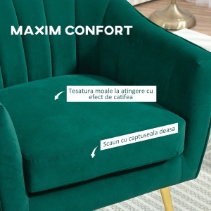 Fotoliu din catifea verde cu picioare metalice aurii, Scaun modern pentru living și dormitor - Img 4
