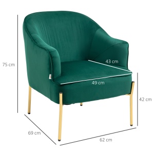Fotoliu dormitor din material textil cu efect catifea cu picioare din otel auriu, 62x69x75 cm, verde - Img 3