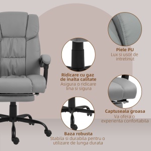 Fotoliu Reglabil pe Înălțime cu Tetieră și Suport pentru Picioare din Piele Artificială, 66x75x112-122 cm, Gri - Img 8